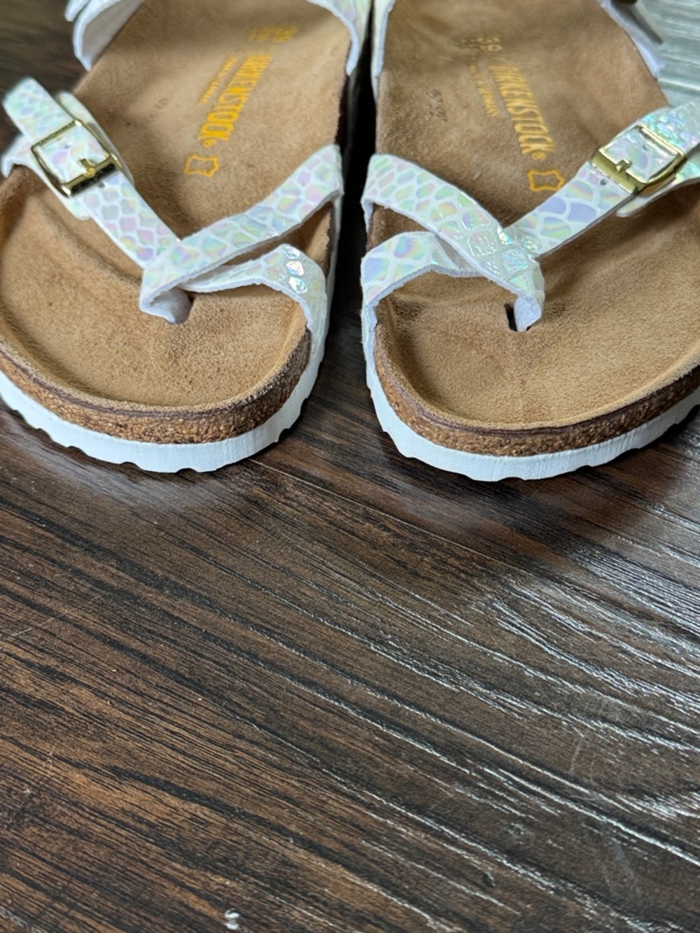 Birkenstock Iridescent White Multi-Print Sandals with Gold Buckles, Like New - Picture 7 of 14